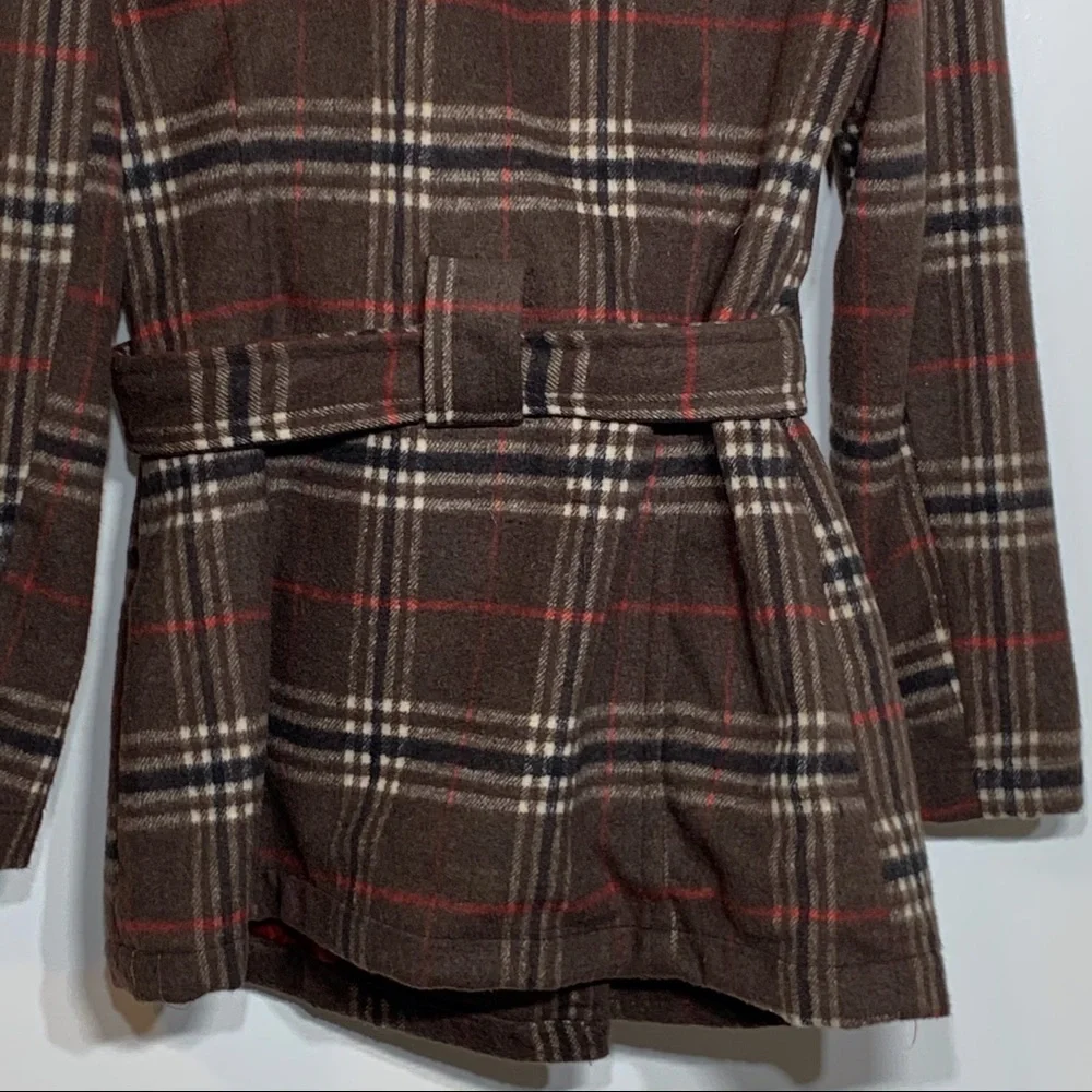 Brown Plaid Wool Blend Double Breasted Peacoat Winter Trench Coat Small